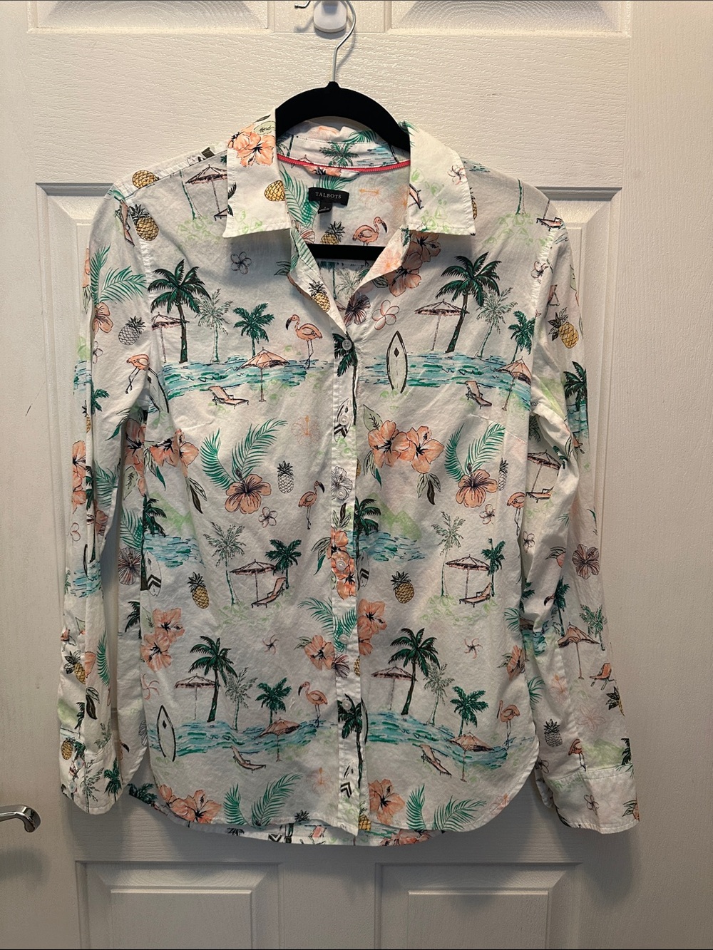 Talbots 100% Cotton White Tropical Floral & Palm Print Button-Down Shirt Size Sm